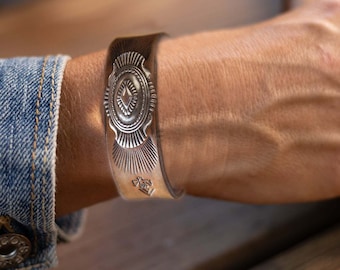 Western Leather Cuff Bracelet Hand Tooled Southwestern Design Unisex