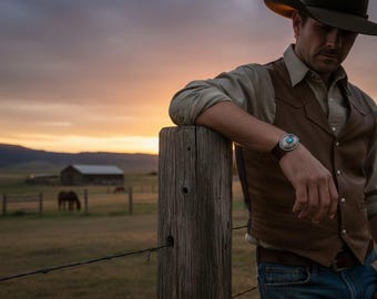 May include: A silver cuff bracelet featuring a central oval turquoise stone, worn on the wrist. The bracelet has an intricate engraved metal design surrounding the stone and is set against a dark leather band, visible on a person in a vest.