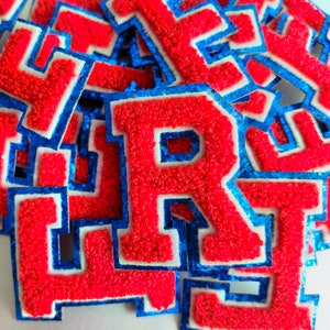 High quality Red Letter Patches Chenille Embroidered Letters Patch with Glitter ADHESIVE on letter patches STAR Patch