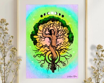 Tree Goddess Art Print | Divine Feminine, Moon Phases, Pagan Wall Decor (A4)