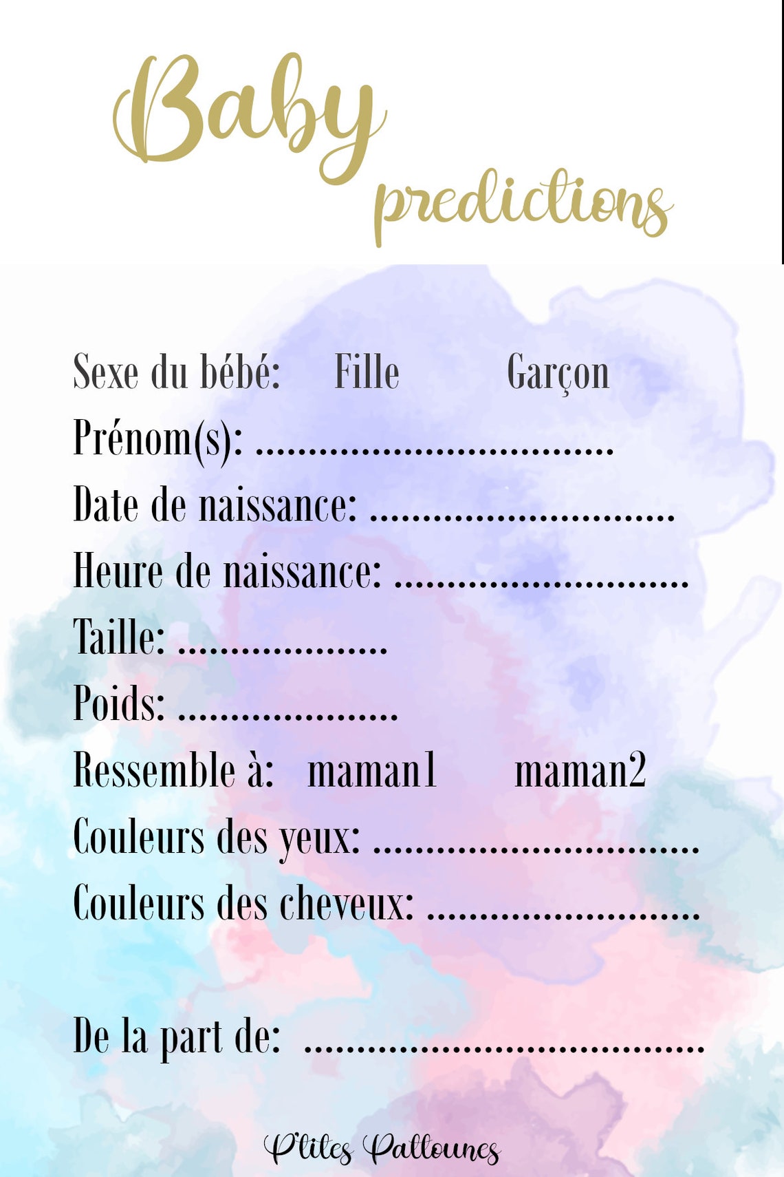 Cartes bébé prédictions gender reveal baby shower fêtes Etsy
