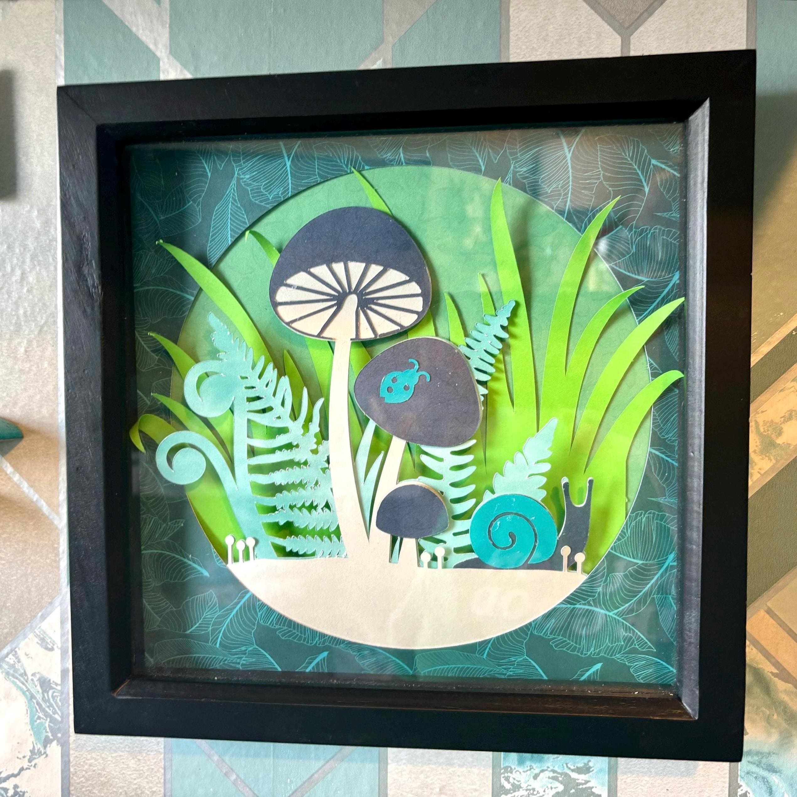 Framed Mushroom Papercut Art | Layered Forest Scene with Snails, Ferns, and Grass | Unique Handmade Shadow Box Décor