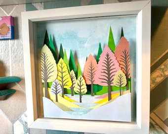Framed Forest Papercut Art | Layered Woodland Scene with Deer, Rabbit, and Foliage | Unique 3D Shadow Box Home Décor
