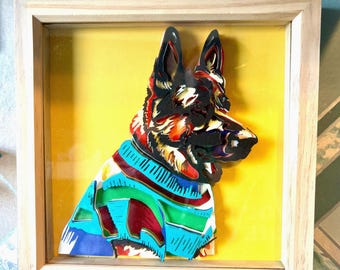 Handmade 3D Layered Papercut Art - German Shepherd in Stripy Jumper - Unique Wall Decor for Dog Lovers