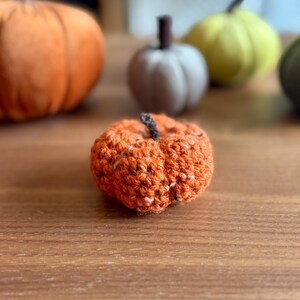 May include: A small, orange crocheted pumpkin with a brown stem sits on a wooden surface. Other decorative pumpkins in various colours are slightly out of focus in the background. The pumpkin is a handmade autumn decoration.