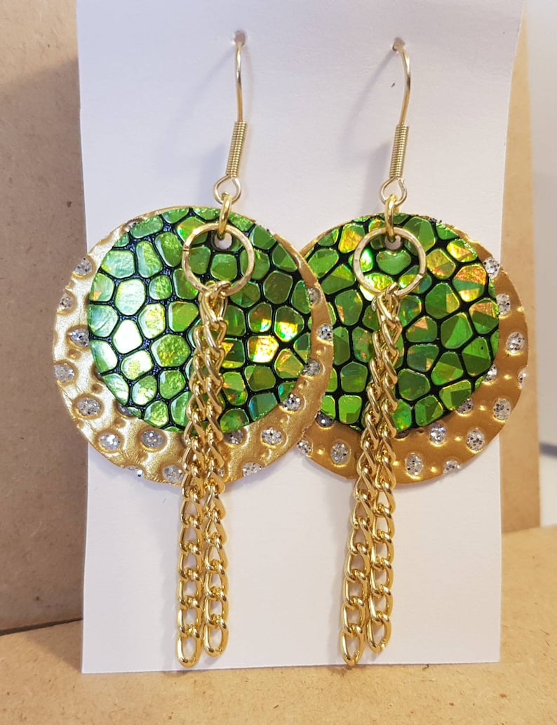 Gold Green Earrings Circle Faux Leather Earrings Floral Jewelry Gold Faux Earrings Lightweight Earrings Statement Earrings