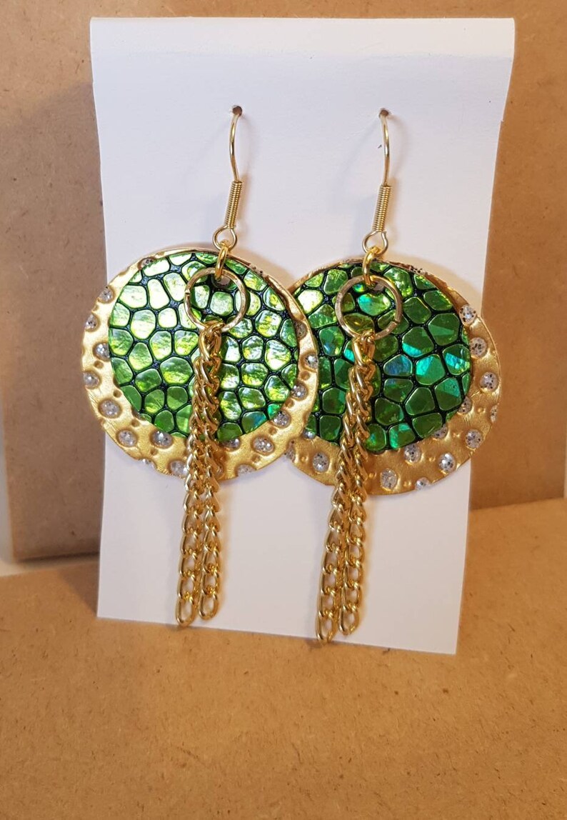 Gold Green Earrings Circle Faux Leather Earrings Floral Jewelry Gold Faux Earrings Lightweight Earrings Statement Earrings