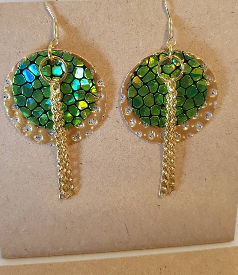 Gold Green Earrings Circle Faux Leather Earrings Floral Jewelry Gold Faux Earrings Lightweight Earrings Statement Earrings