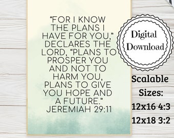 For I Know the Plans I Have for You, Jeremiah 29:11, Christian Art Print, Printable, Bible Verses, Watercolor