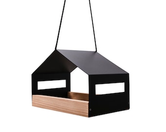 Handcrafted Modern Bird Feeder | Black Steel, Wood