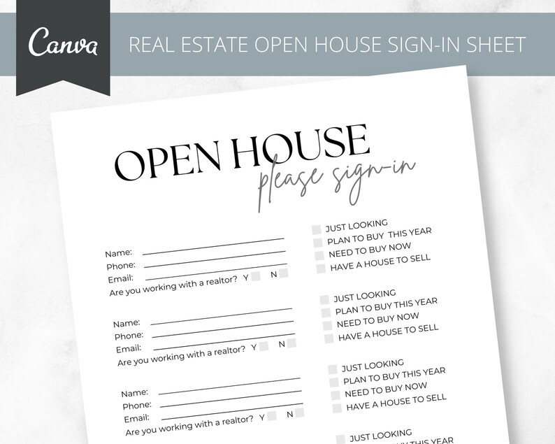 Real Estate Open House Sign-in Sheet Realtor Real Estate Marketing ...