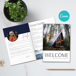 May include: A welcome guide for a getaway retreat with a photo of a cabin in the woods. The guide includes information about the temperature, mail delivery, trash and recycling, large amenities, and laundry. The text "Welcome The Getaway Retreat" is at the bottom of the page.
