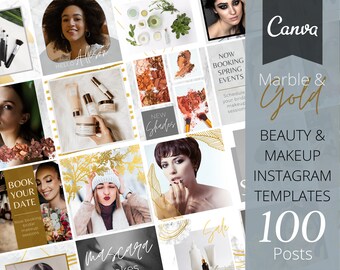 100 Instagram Posts | Canva Template | Makeup Artist | Beauty | Cosmetic | Marble & Gold | Esthetician | Fully Editable | Social Media Pack