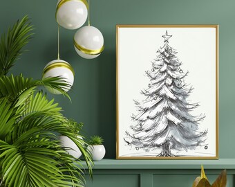 Christmas Tree Sketch | Printable Wall Art | Minimalist | Home Decor | Monochrome | Black and White | Christmas Tree | Holiday Season Print