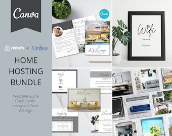 Airbnb Hosting Bundle | Canva Templates | 20 Page Guest Book | Guest Cards | Instagram Templates | Wifi Sign  | AirBnb | VRBO | Airbnb Host