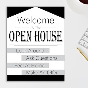 Signo de casa abierta de bienes raíces / Imprimible / Signo / Signo de bienes raíces / Blanco y negro / Clásico / Signo de bienvenida / Herramientas de agente inmobiliario / Formal