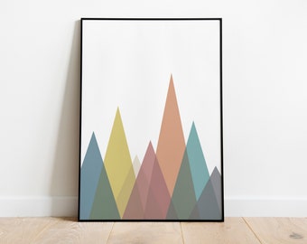 May include: A framed abstract print featuring a geometric mountain range design in shades of blue, green, yellow, orange, and pink.