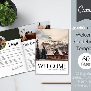May include: A welcome guidebook template for Airbnb and Vrbo rentals. The template has a green and white cover with the text "Hello" and "Check-In". The inside of the guidebook features a photo of a cabin in the mountains and the text "Welcome The Getaway Retreat". The template includes 60 pages, 20 for the guide, 30 for activities, and 10 for optional information.