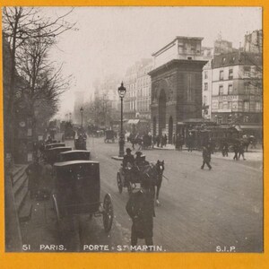 c1899 Parigi Porte St Martin Stereoview Card Francia di S.I.P. firmata carta antica