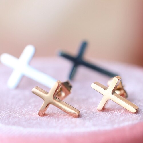 Rose Gold Cross Stud Earrings Cross Stud Earrings Titanium Etsy