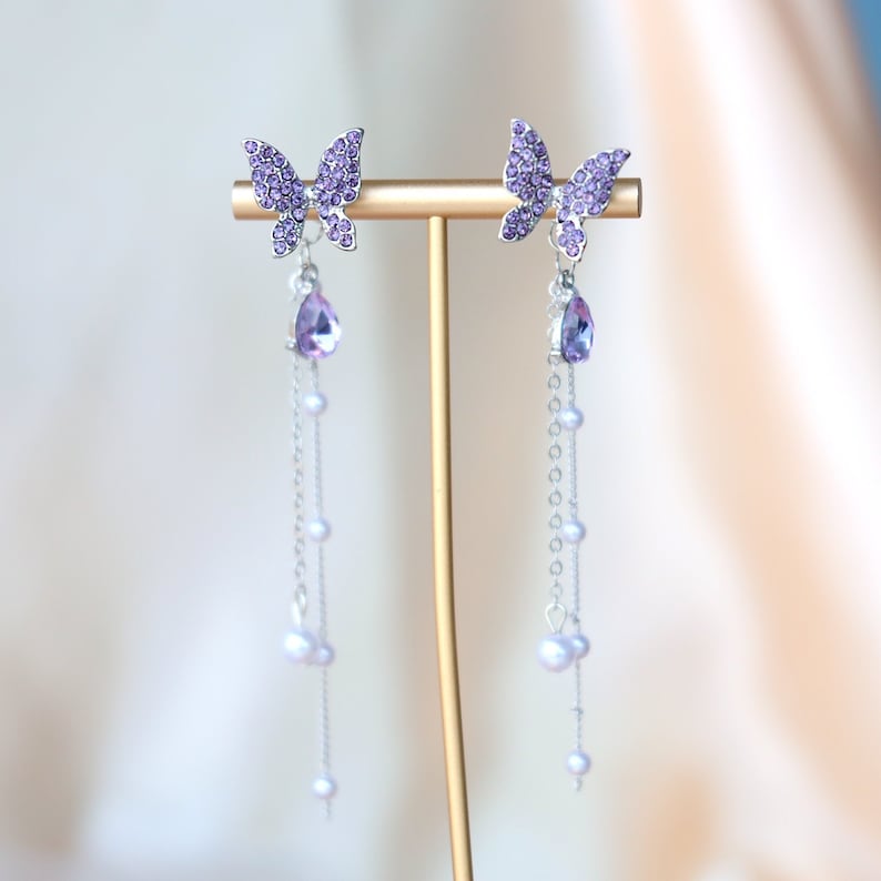 Butterfly earrings, two ways butterfly earrings, animal earrings, purple butterfly, butterfly threader earrings, butterfly dangle earrings 