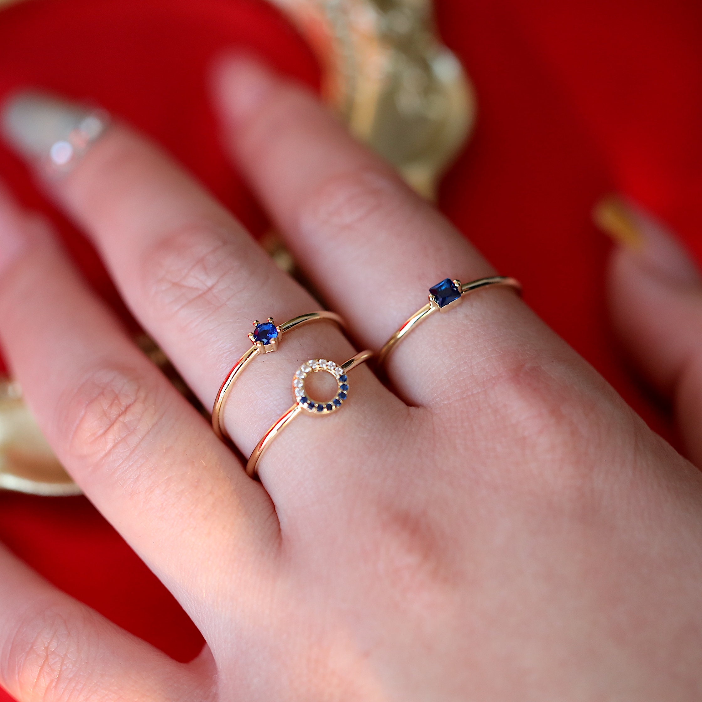 3 Pcs Gold Rings Set Stacking Ring Set Blue Stone Rings Etsy