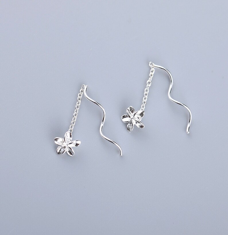 Flower Earrings Flower Threader Earrings Long Chain Etsy