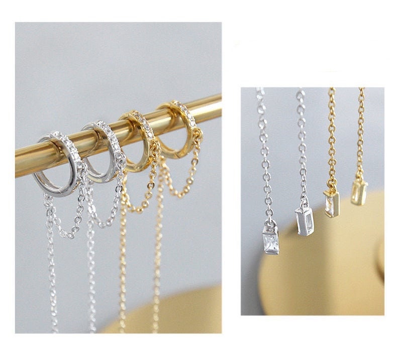 Huggie Chain Earrings Long Threader Earrings Silver Long Etsy UK