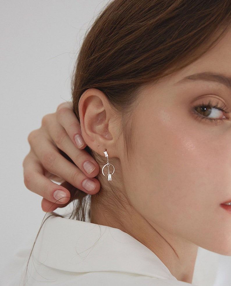 Silver Hoop Chain Earrings Geometric Earrings Silver Hoop Etsy