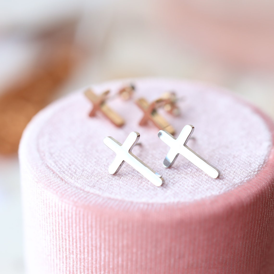 Rose Gold Cross Stud Earrings Cross Stud Earrings Titanium Etsy