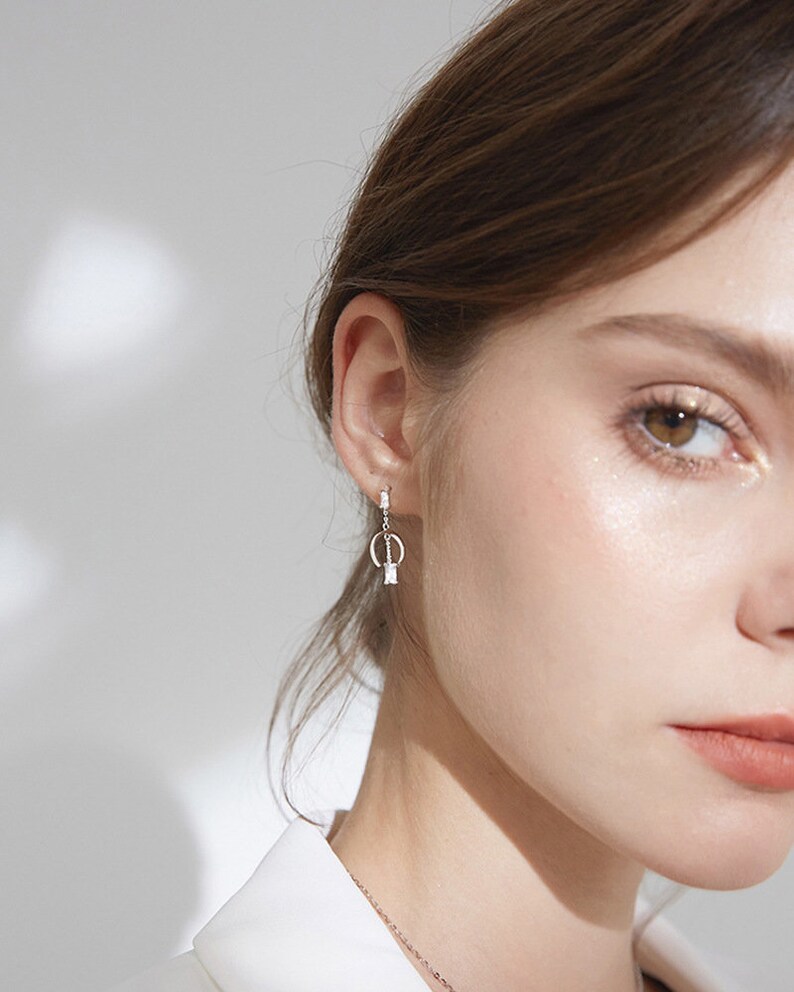 Silver Hoop Chain Earrings Geometric Earrings Silver Hoop Etsy