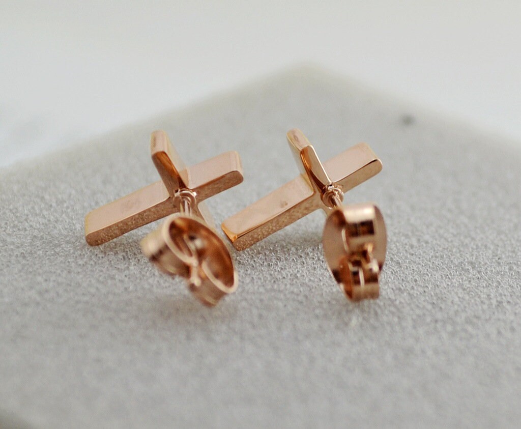 Rose Gold Cross Stud Earrings Cross Stud Earrings Titanium Etsy