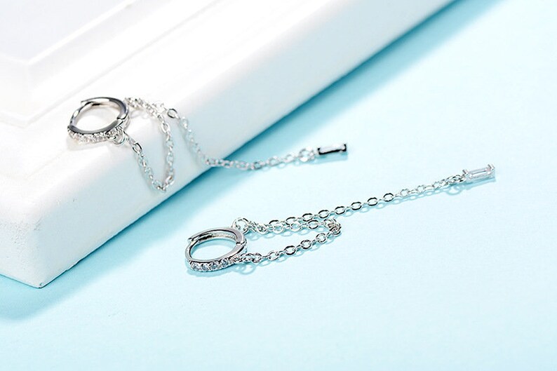 loop chain earrings streetwear earrings silver long chain earrings long threader earrings CZ threader earrings Huggie chain earrings