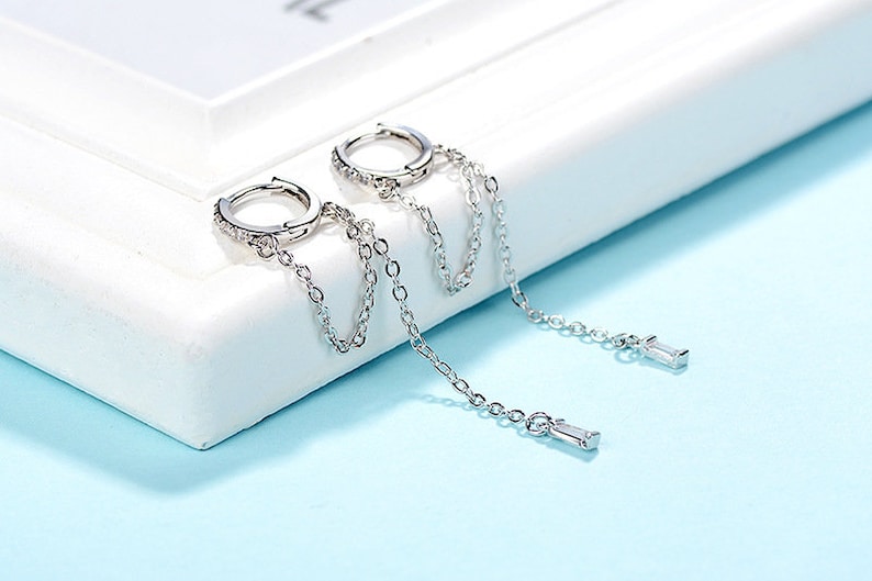 loop chain earrings streetwear earrings silver long chain earrings long threader earrings CZ threader earrings Huggie chain earrings