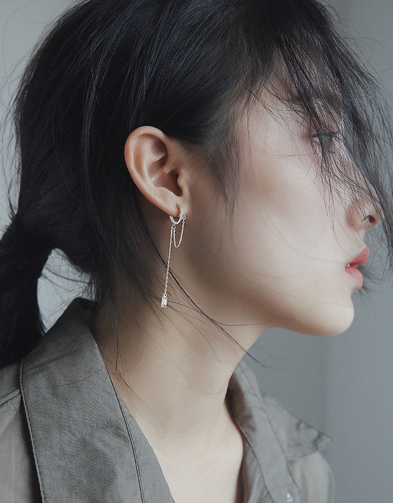 loop chain earrings streetwear earrings silver long chain earrings long threader earrings CZ threader earrings Huggie chain earrings