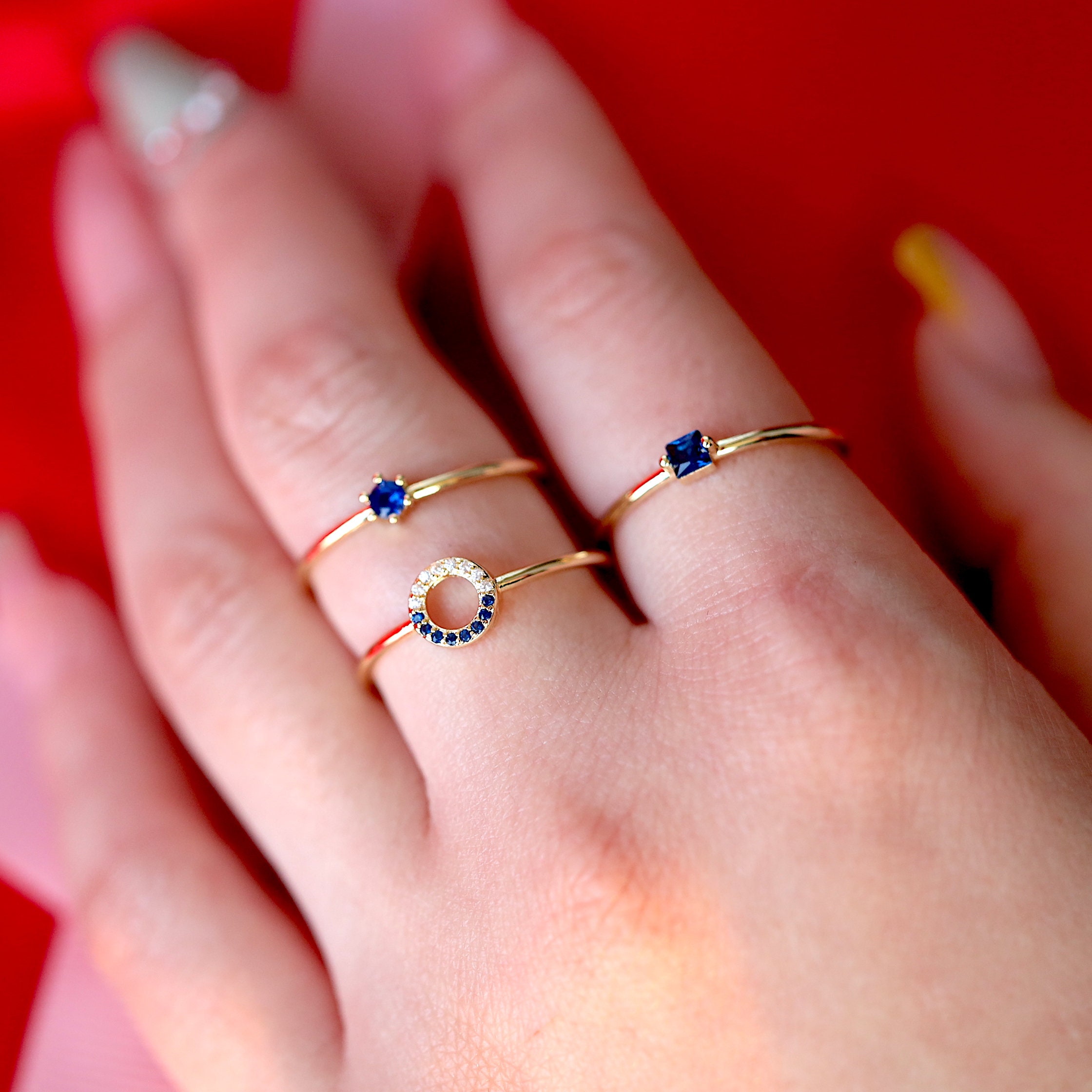 3 Pcs Gold Rings Set Stacking Ring Set Blue Stone Rings Etsy