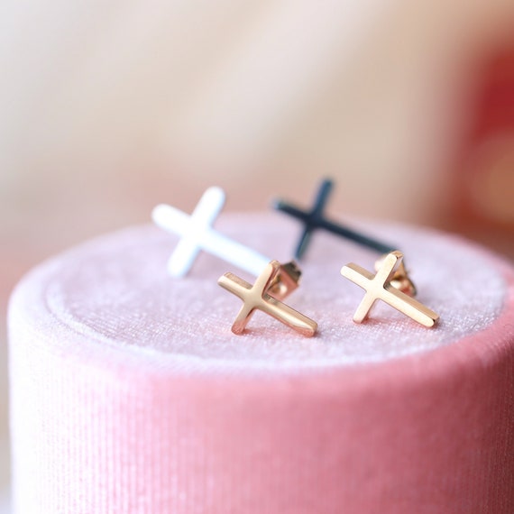 Rose Gold Cross Stud Earrings Cross Stud Earrings Titanium Etsy