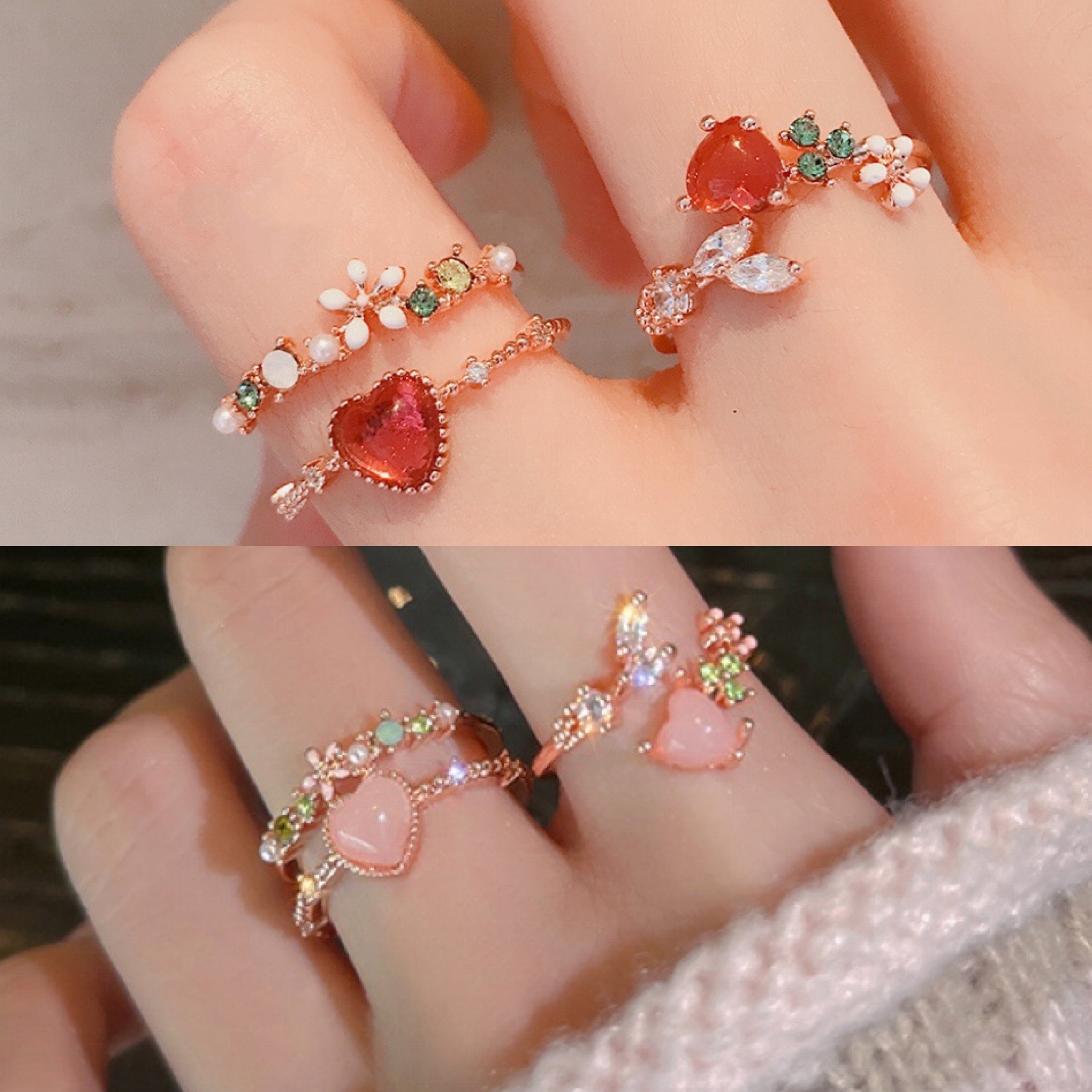 Flower ring, Pink stone rings, red stone, stackable rings, adjustable rings, Cluster ring, Dainty stackable rings, open ring, floral ring
