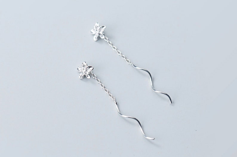Flower Earrings Flower Threader Earrings Long Chain Etsy