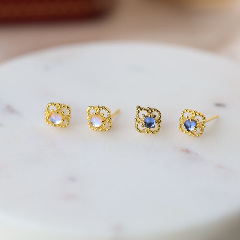 Moonstone studs, tiny gem studs, Blue vintage studs earrings, dainty gold earrings, feminine studs, Opal Vintage Stud Earrings, shiny studs 