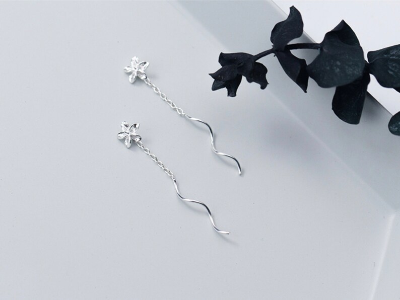 Flower Earrings Flower Threader Earrings Long Chain Etsy