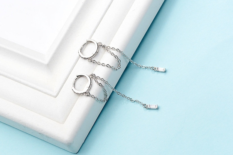loop chain earrings streetwear earrings silver long chain earrings long threader earrings CZ threader earrings Huggie chain earrings