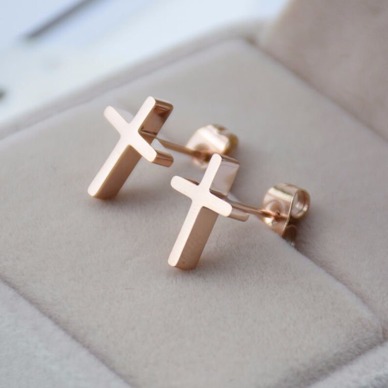 Rose Gold Cross Stud Earrings Cross Stud Earrings Titanium Etsy