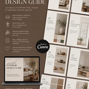 May include: A digital interior design guide featuring 28 pages of expert tips, tricks, and advice. The guide is displayed on a laptop screen and in multiple page previews, showcasing sections on color palettes, lighting, layouts, and styling.