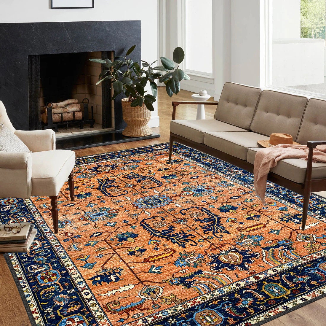 Orange and Navy Blue Turkoman Rug Burnt Orange Rug Tapis Etsy