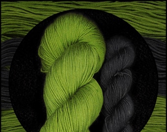 Hand Dyed Sock Yarn Kit, Green Lime Black Superwash Merino Nylon Fingering Wool, Solid Tonal Yarn, 4 Ply, 100g + 20g 462 + 92 yards