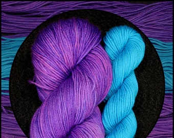 Hand Dyed Sock Yarn, Purple Violet Blue Cyan Superwash Merino Nylon Fingering Wool, Solid Tonal Yarn, 4 Ply, 100g + 20g 462 + 92 yards