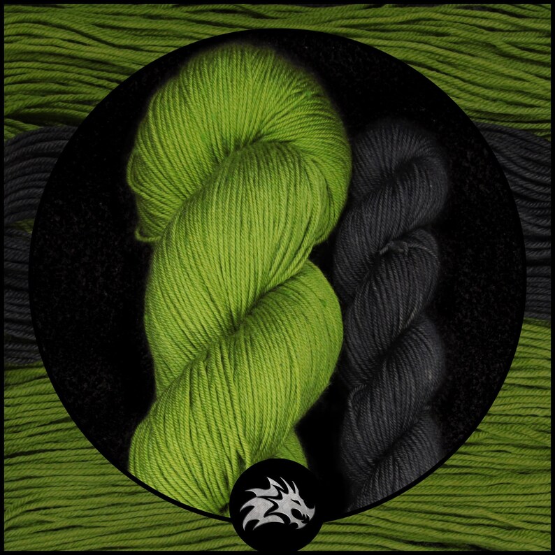 Hand Dyed Sock Yarn Kit, Green Lime Black Superwash Merino Nylon Fingering Wool, Solid Tonal Yarn, 4 Ply, 100g 20g 462 92 yards image 1