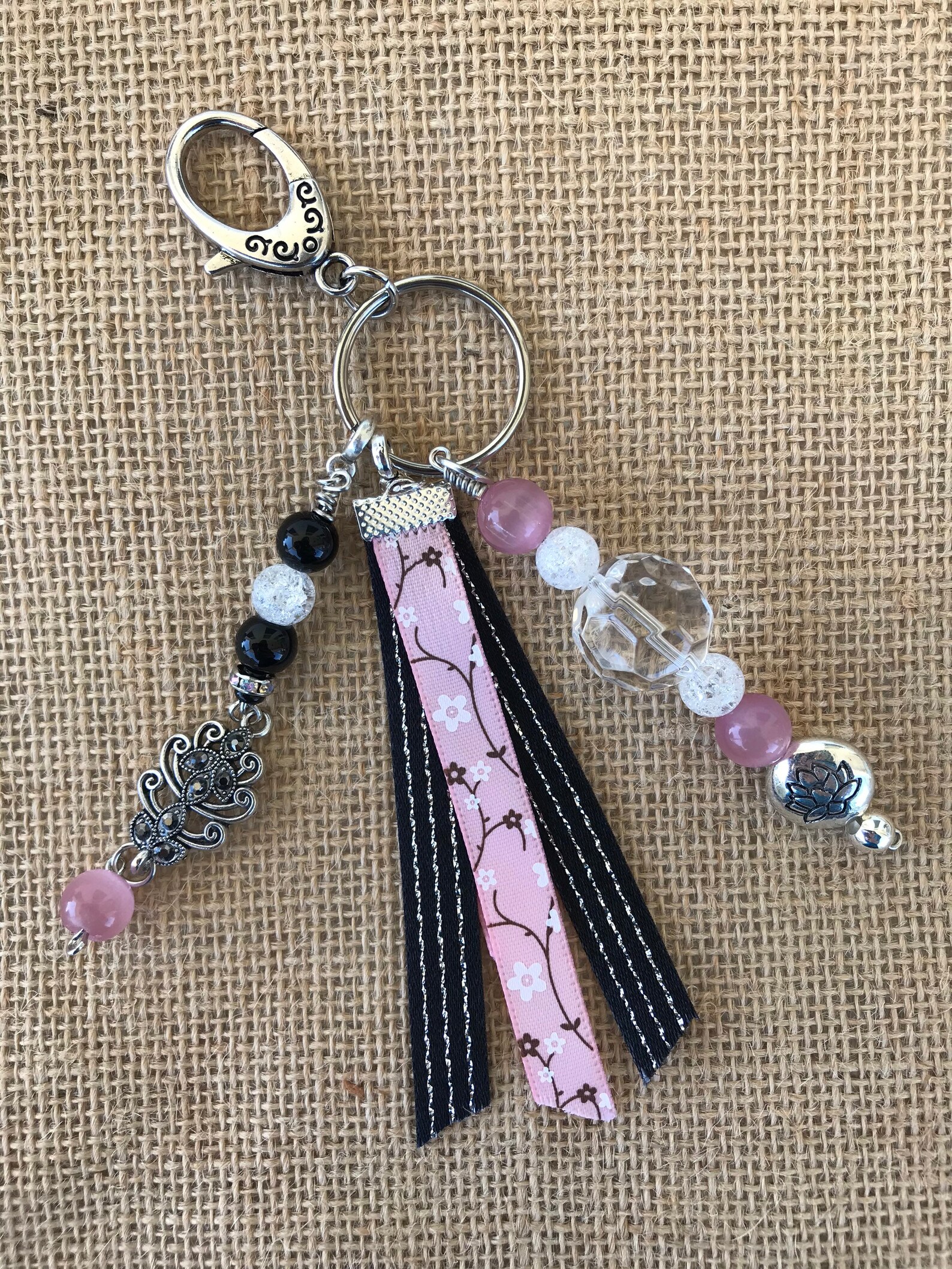 Pink keychain black keychainbeaded keychainglass bead Etsy