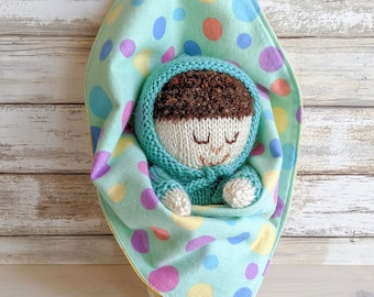 Knit Doll and Blanket, Stuffed Baby Doll Play Set, Knit Toys, Soft Doll with Reversible Blanket, Gift for Toddler, Tracked Shipping